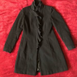 DKNY RUFFLE WOOL BLEND BLACK LONG COAT SZ 4